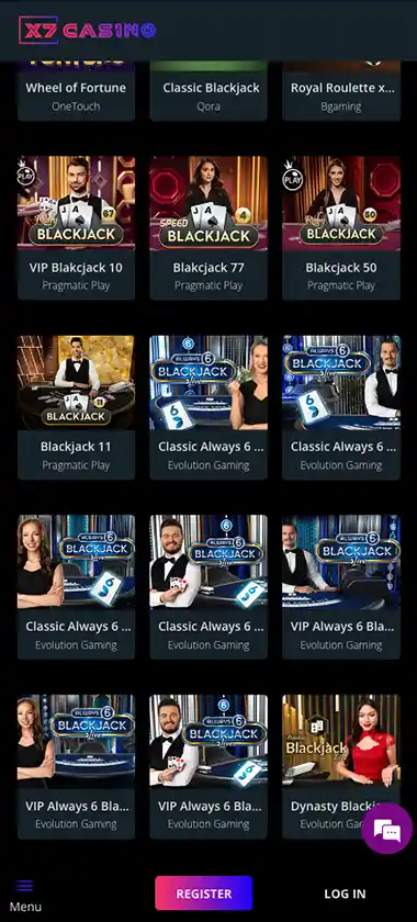 X7Casino mobile live casino screenshot displaying live dealer tables including roulette, blackjack and baccarat with mobile lobby navigation and betting interface - tested