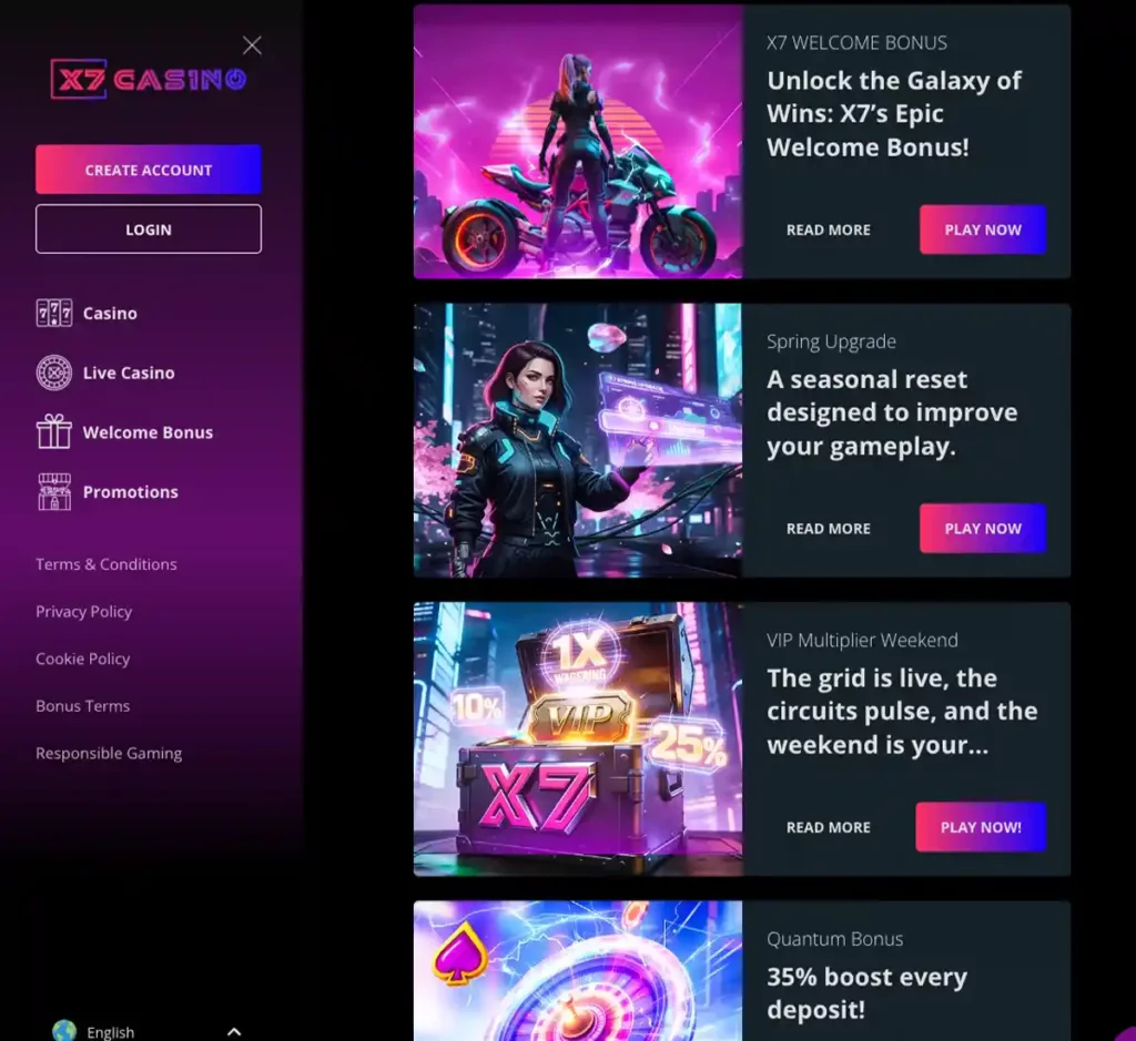 X7Casino desktop promotions screenshot showing promotional banners, bonus offers and promo details in the casino lobby - tested