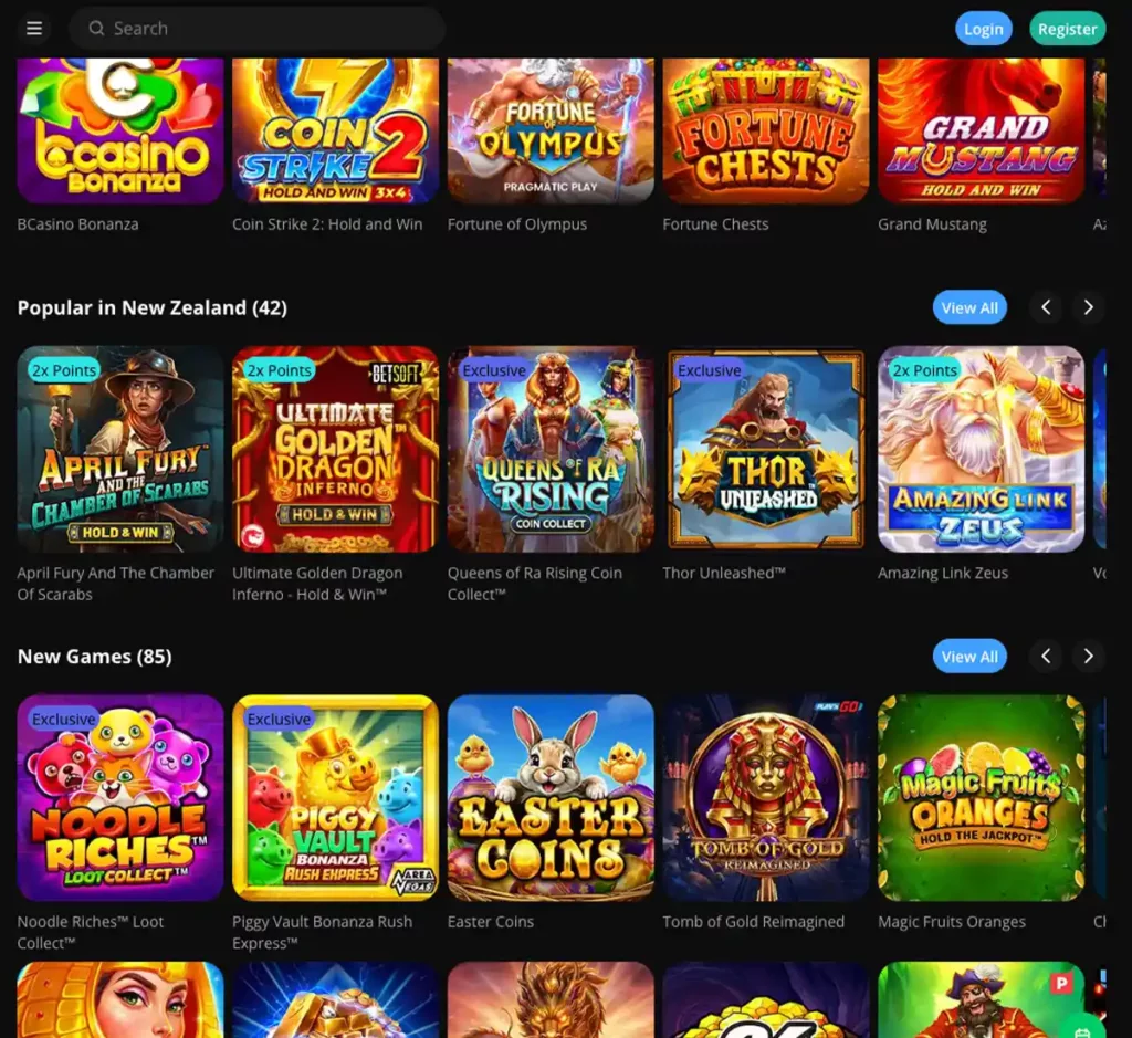 bCasino desktop homepage screenshot showing casino lobby with featured games, promotions and top navigation - tested
