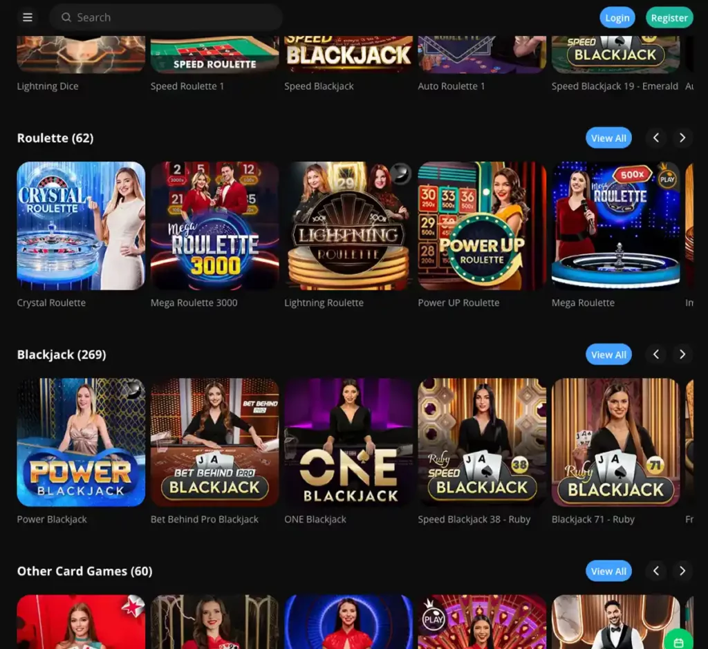 bCasino desktop live casino screenshot displaying real-dealer tables including roulette, blackjack and baccarat with lobby navigation and betting interface - tested