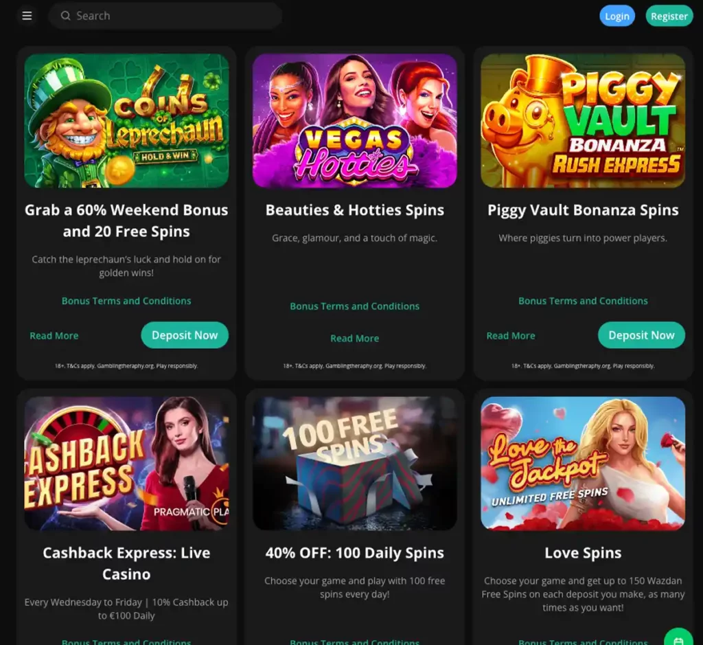 bCasino desktop promotions screenshot showing promotional banners, bonus offers and promo details in the casino lobby - tested