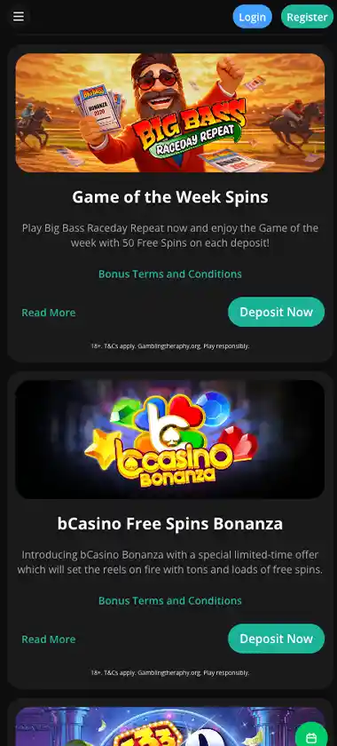 bCasino mobile promotions screenshot showing promotional banners, bonus offers and promo details on the mobile interface - tested