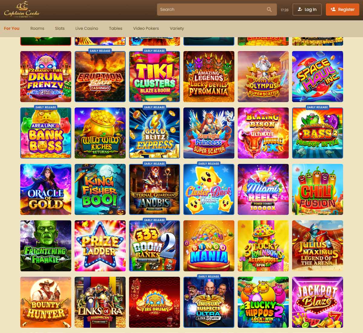 Captain Cooks Casino desktop home page screenshot showing main navigation, featured games and promotional banners   tested