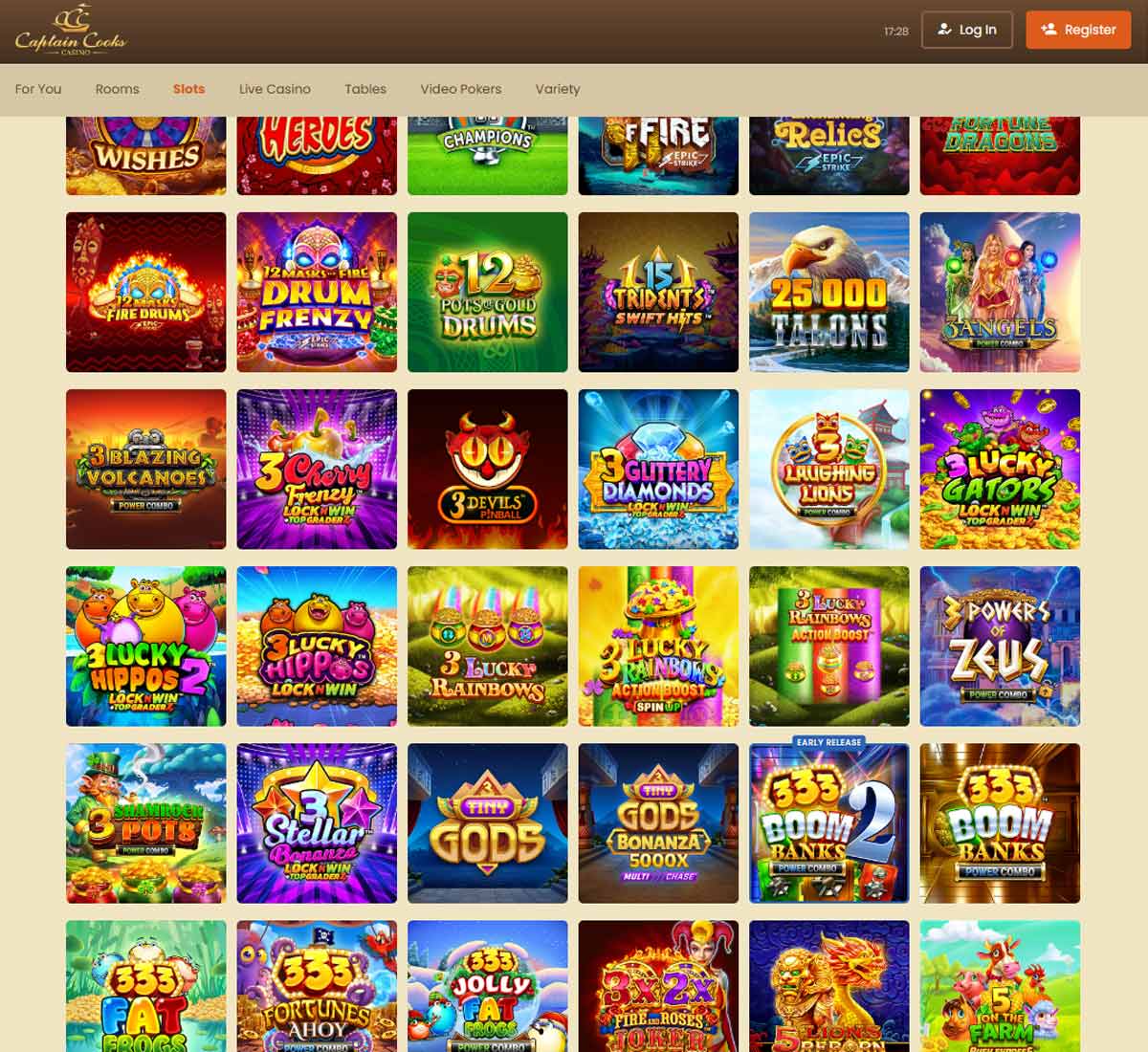 Captain Cooks Casino desktop slots variety screenshot showing multiple slot categories, featured games and provider filters   tested