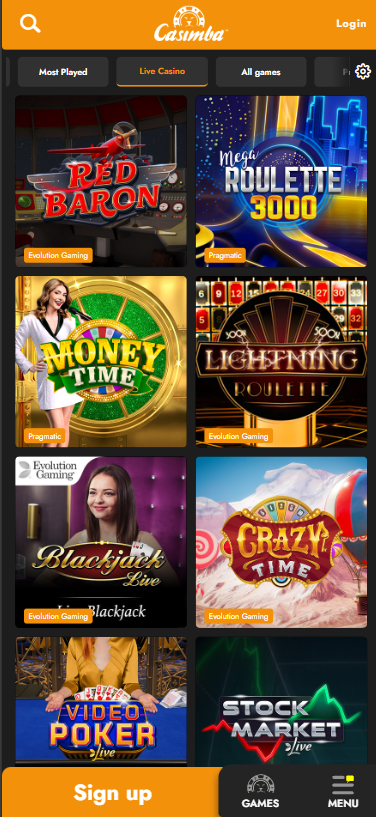 Casimba Casino mobile live dealer games collection screenshot displaying available live tables and categories - tested