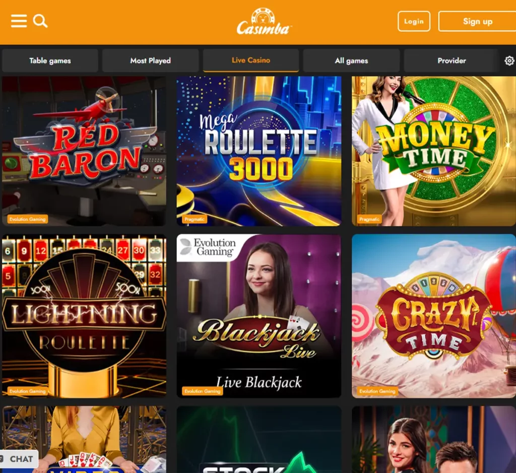 Casimba Casino desktop live dealer games collection screenshot showing roulette, blackjack and baccarat tables in lobby view - tested