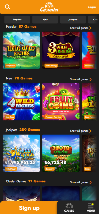 Casimba Casino mobile slots variety screenshot displaying featured slots, categories and touch-optimized navigation - tested