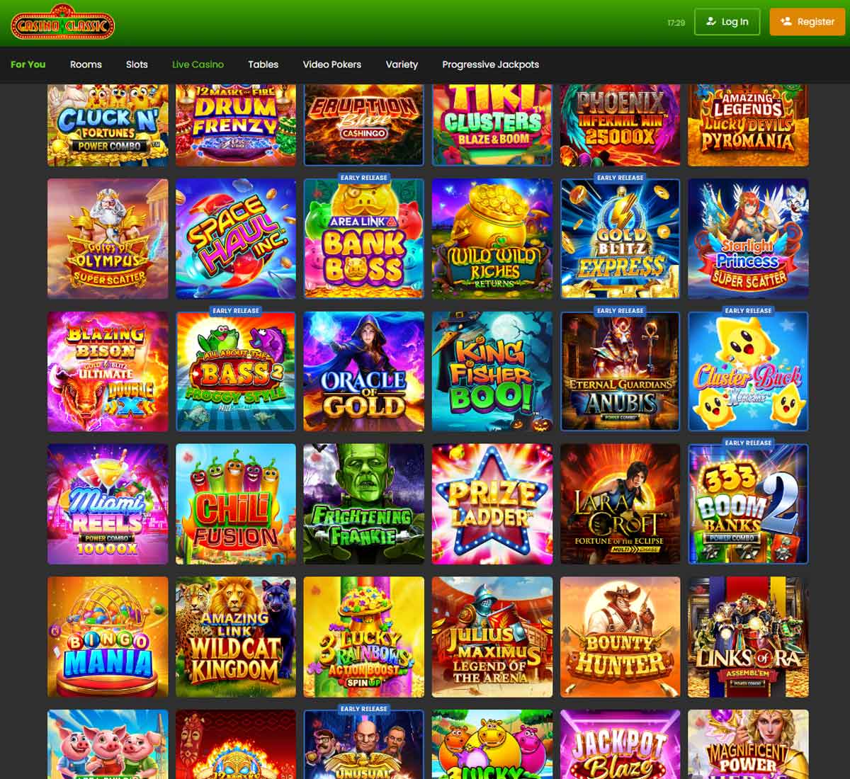 Casino Classic desktop home page screenshot showing main navigation, featured games and promotional banners   tested