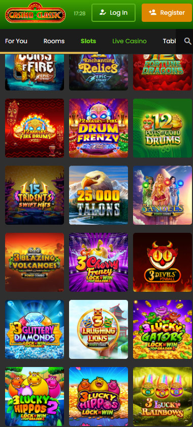 Casino Classic mobile slots variety screenshot showing multiple slot categories, featured games and provider filters - tested