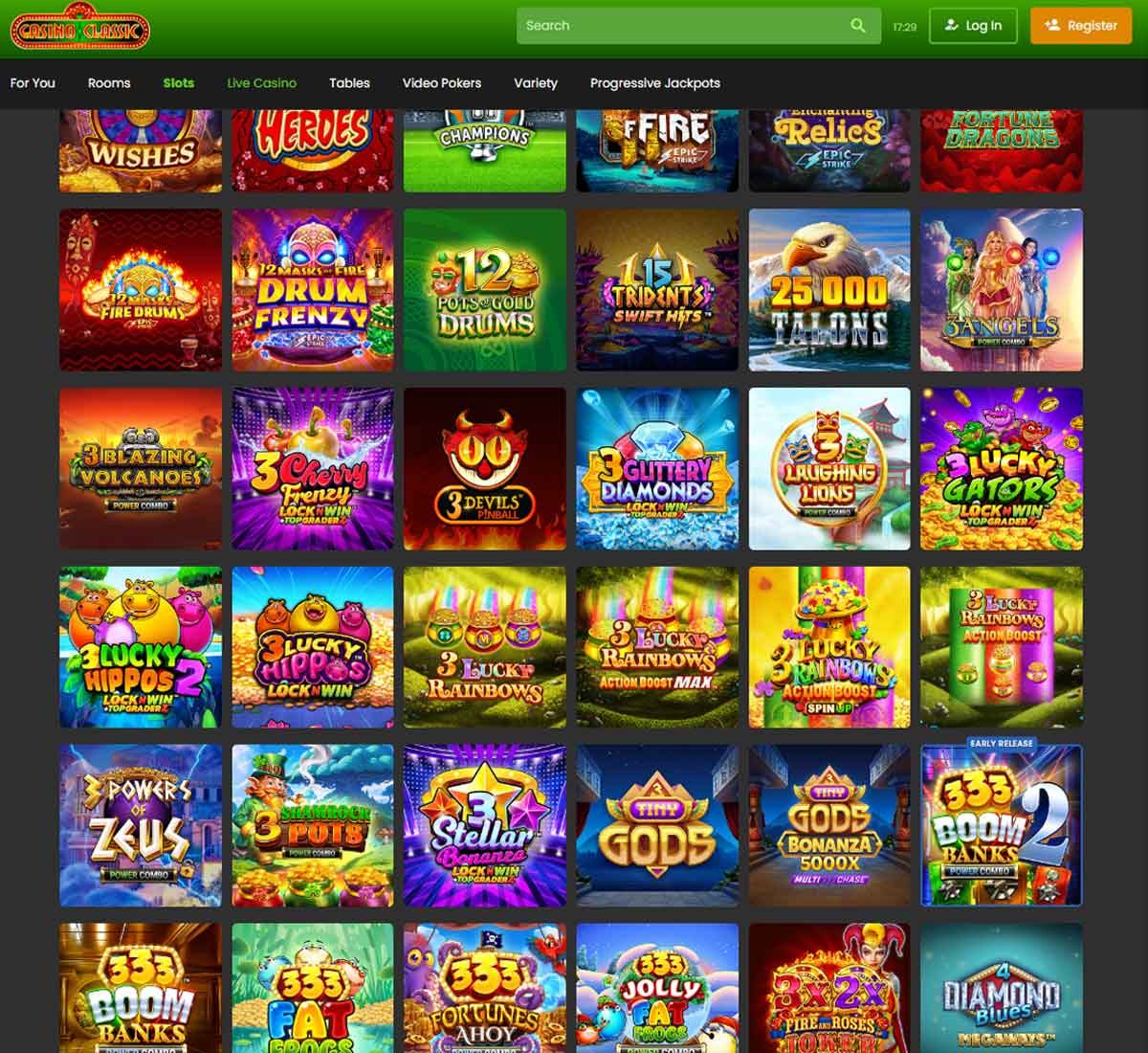 Casino Classic desktop slots variety screenshot showing multiple slot categories, featured games and provider filters   tested
