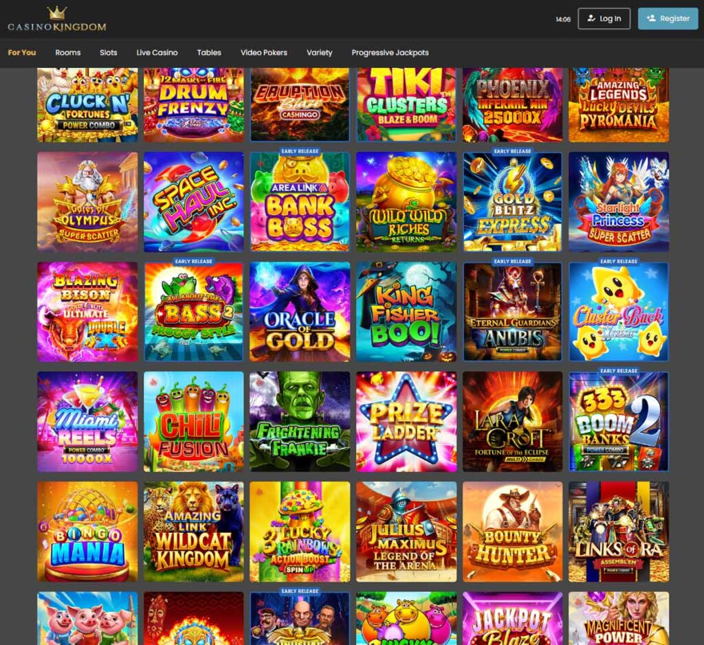 Casino Kingdom desktop home page screenshot showing main navigation, featured games and promotional banners - tested
