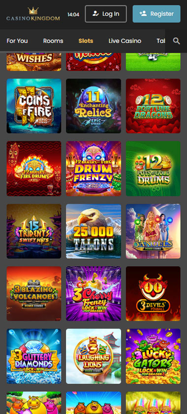 Casino Kingdom mobile slots variety screenshot displaying featured slots, categories and touch-optimized navigation - tested