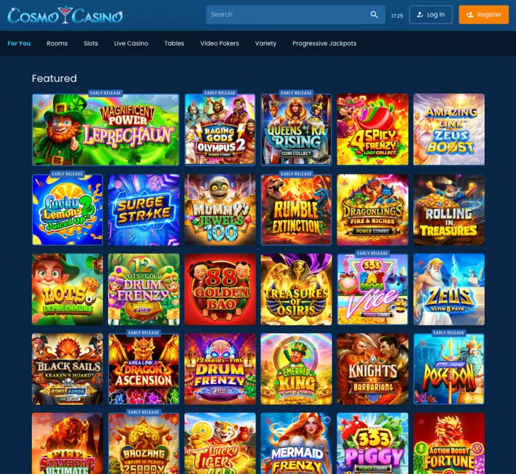 Cosmo Casino desktop homepage screenshot showing navigation menu, featured games and promotional banners - tested