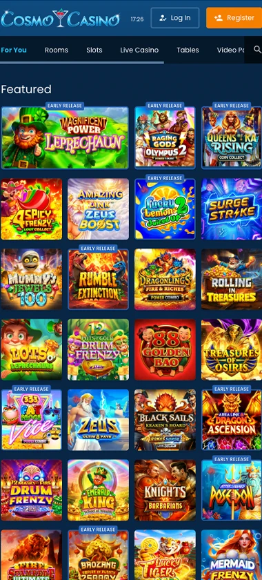Cosmo Casino mobile homepage screenshot showing navigation menu, featured games and promotions on smartphone interface - tested