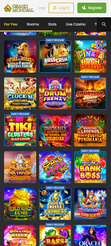 Grand Mondial Casino mobile home page screenshot displaying main navigation, featured games and mobile-friendly interface - tested