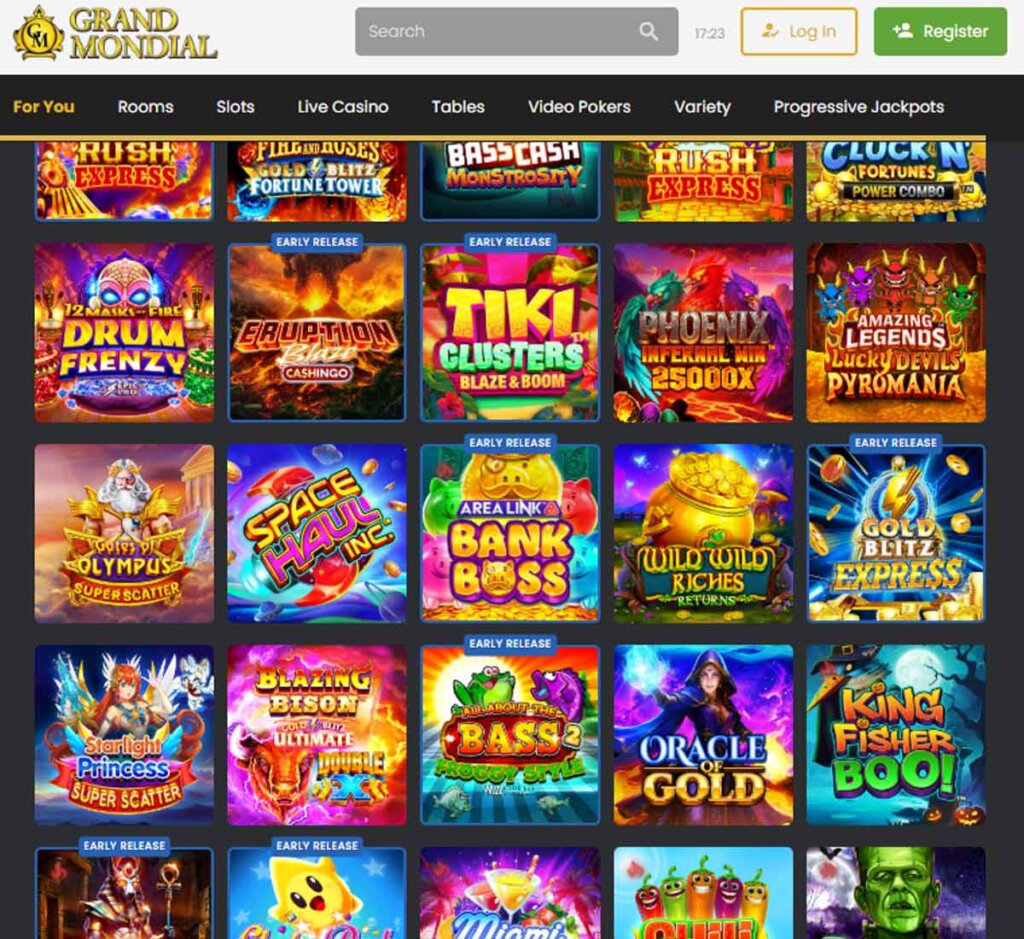 Grand Mondial Casino desktop home page screenshot showing main navigation, featured games and promotional banners - tested