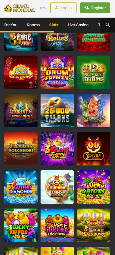 Grand Mondial Casino mobile slots variety screenshot displaying featured slots, categories and touch-optimized navigation - tested