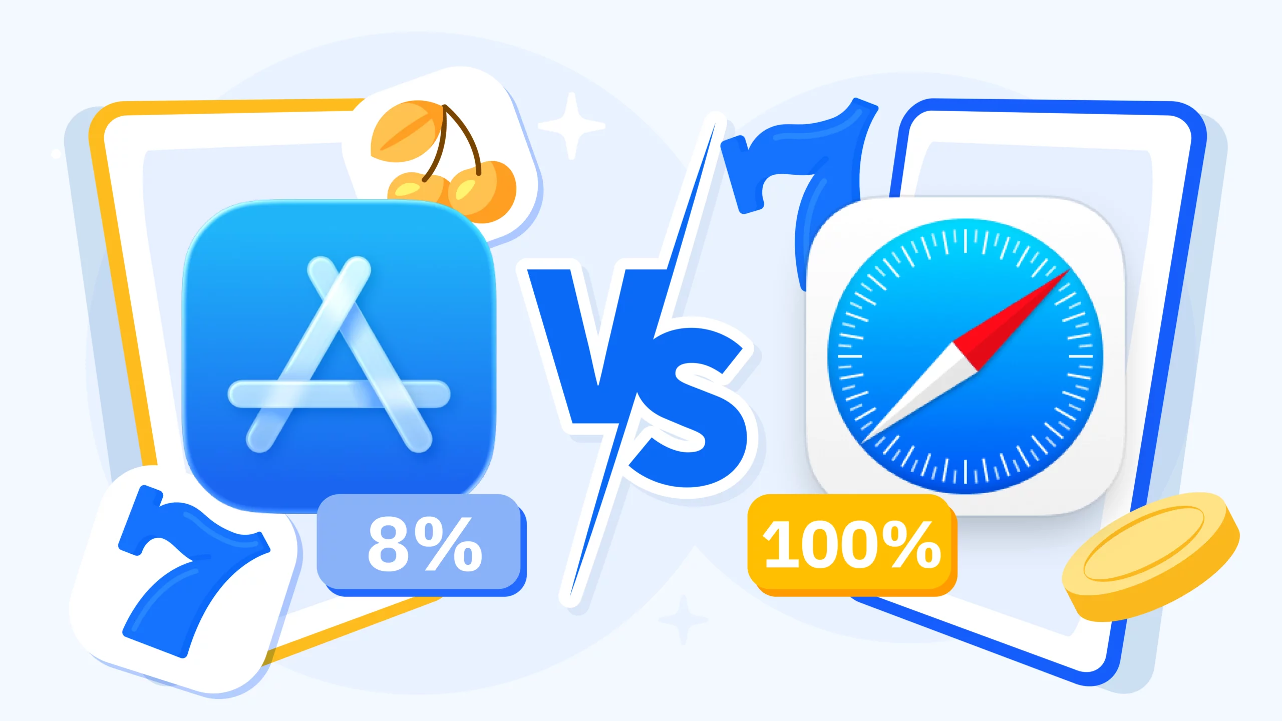 Detailed comparison showing Safari browser advantages over iOS casino apps including zero storage versus 80-200MB, instant updates versus delayed approval, 100% casino availability versus 8%, with Safari scoring 9/10 versus apps at 5/10