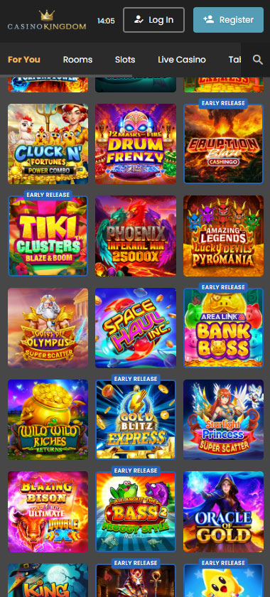 Casino Kingdom mobile home page screenshot displaying main navigation, featured games and mobile-friendly interface - tested