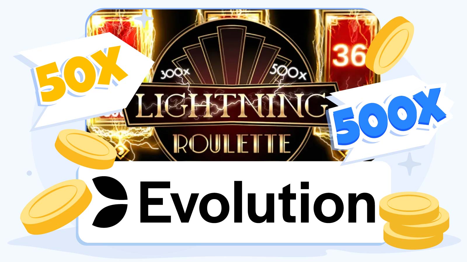 Diagram showing Evolution Gaming Lightning Roulette game mechanics with European wheel, lucky numbers receiving 50x-500x multipliers, and comparison of 30:1 base payout versus standard 35:1 roulette payout