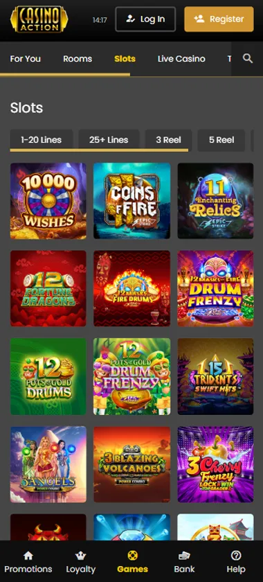 Casino Action mobile slots screenshot showing slot game library with featured titles, categories and navigation on smartphone interface - tested