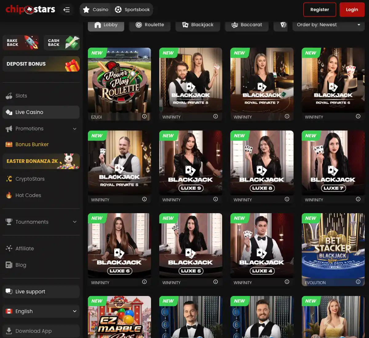 Chipstars Casino desktop live casino screenshot displaying live dealer tables, streaming interface, and game selection grid on widescreen layout   tested