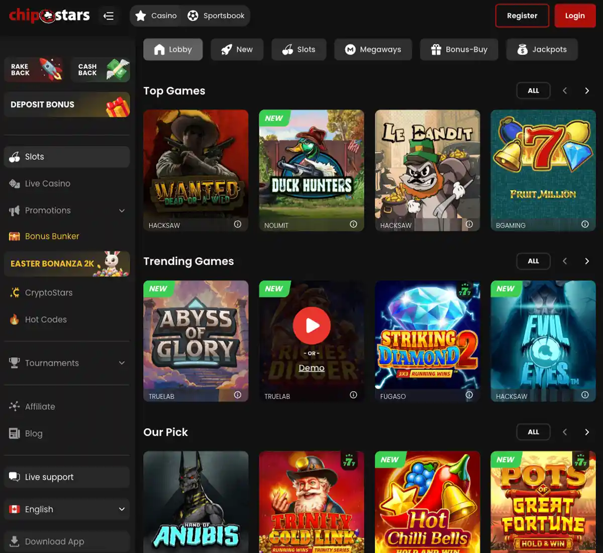 Chipstars Casino desktop slots screenshot displaying full game library with categories, featured slots, and filtering options on widescreen interface   tested