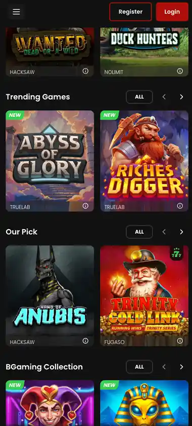 Chipstars Casino mobile slots screenshot showing slot game library with featured titles, categories, and scrollable navigation on smartphone interface   tested