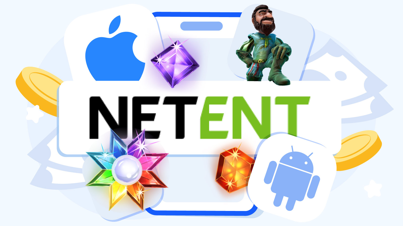 NetEnt casino games displayed on iPhone and Android smartphone screens showing Starburst and Gonzo's Quest mobile gameplay interface