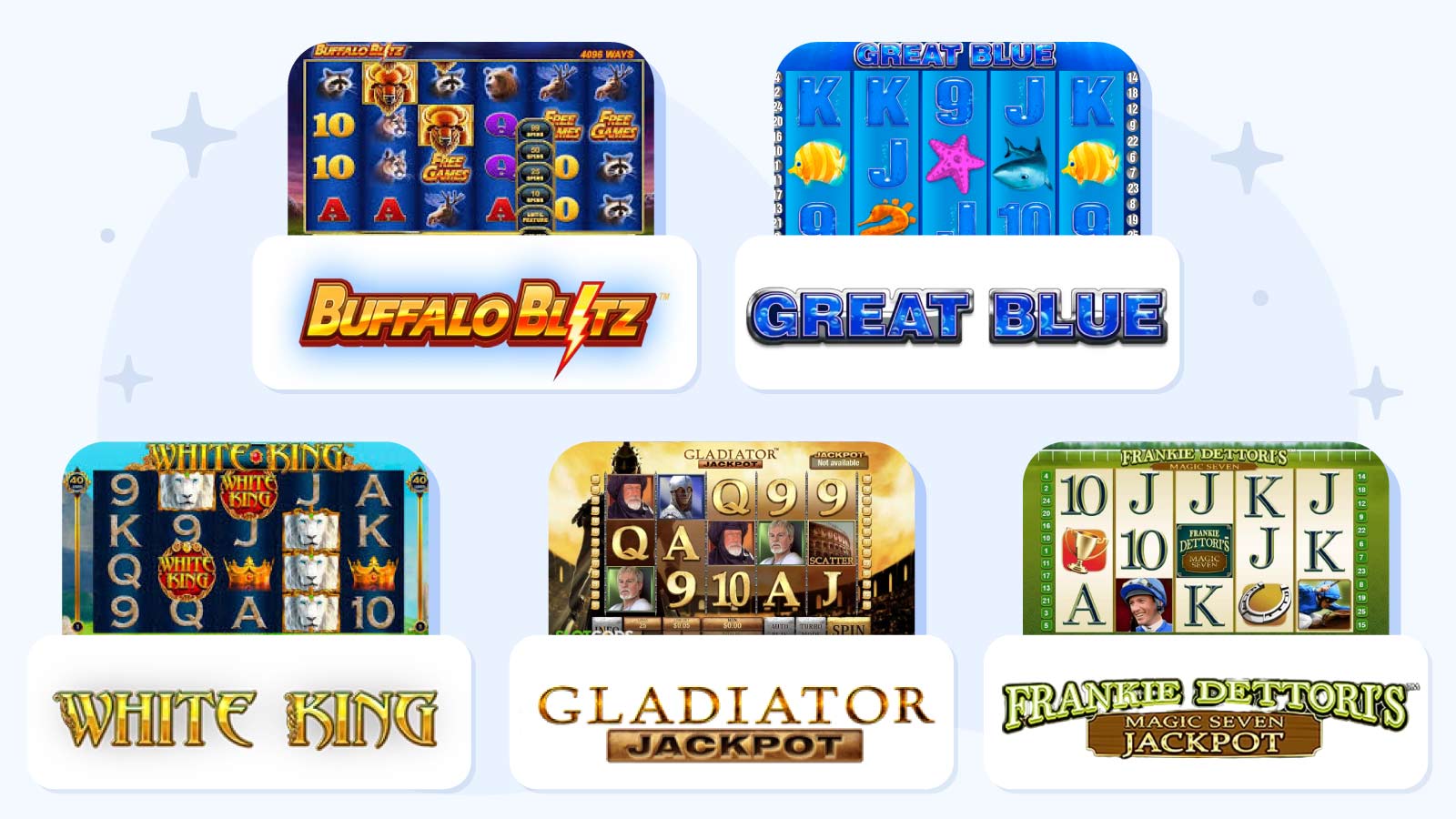 Grid display of top Playtech slots including Buffalo Blitz, Great Blue, and Gladiator showing game interfaces, reels, and bonus features available at Irish casinos