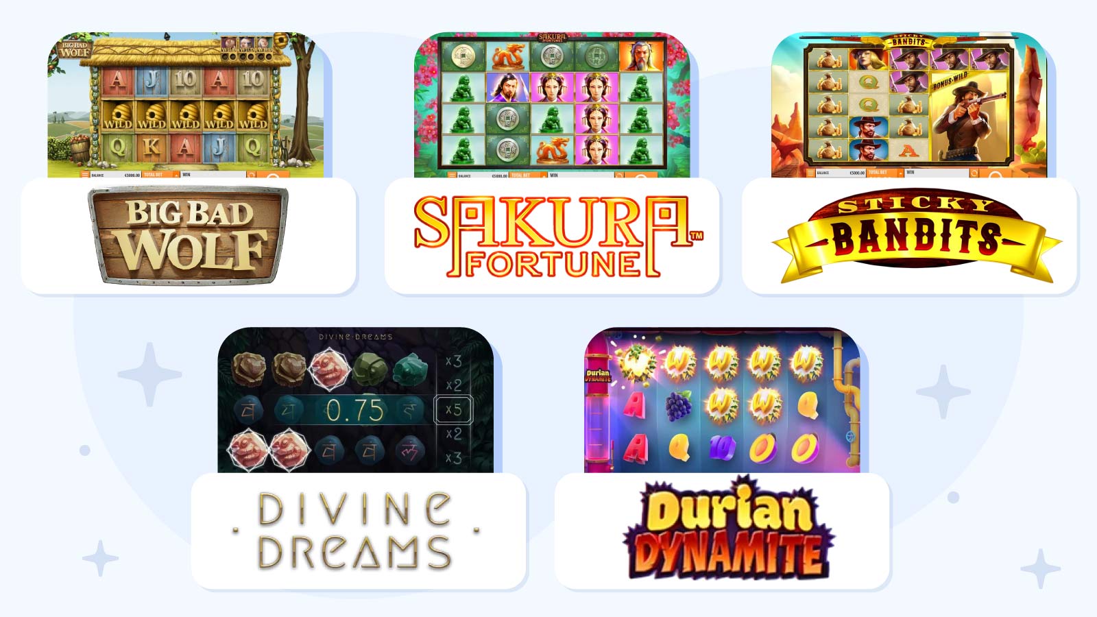 Grid showcase of top-rated Quickspin slot games available at Irish online casinos including Big Bad Wolf, Sakura Fortune, and Sticky Bandits with RTP percentages