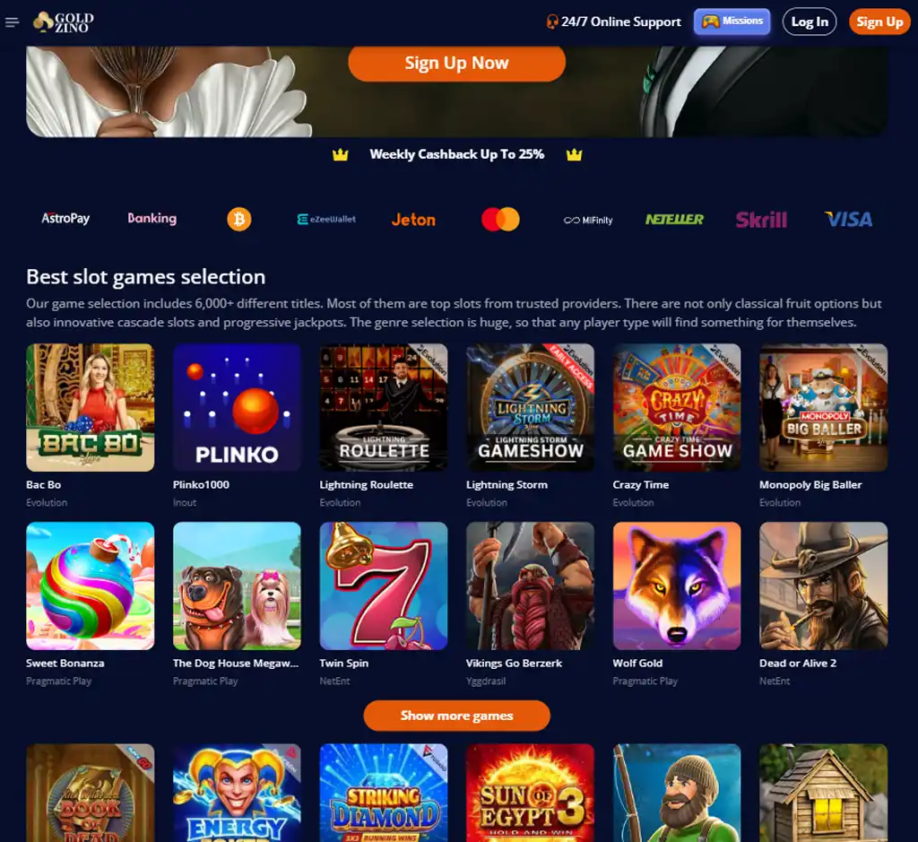 Goldzino Casino desktop homepage screenshot displaying main lobby with featured games, promotions and navigation menu   tested