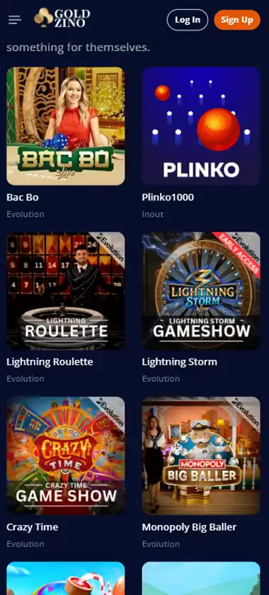 Goldzino Casino mobile homepage screenshot showing main lobby with featured games and promotions   captured during platform testing