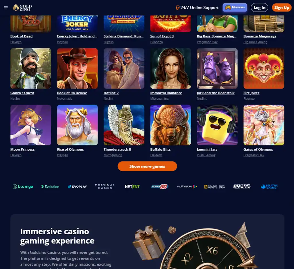 Goldzino Casino desktop slots lobby screenshot presenting variety of slot games with categories and providers   verified