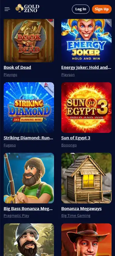 Goldzino Casino mobile slots interface screenshot showing slot game selection with popular titles and filtering options   captured during platform testing