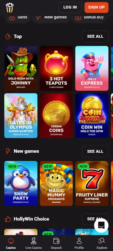 Hollywin Casino mobile homepage screenshot showing main lobby with featured games and promotions - captured during platform testing
