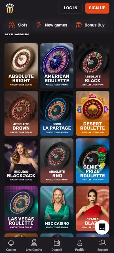 Hollywin Casino mobile live casino interface screenshot showing live dealer tables including blackjack and roulette - tested