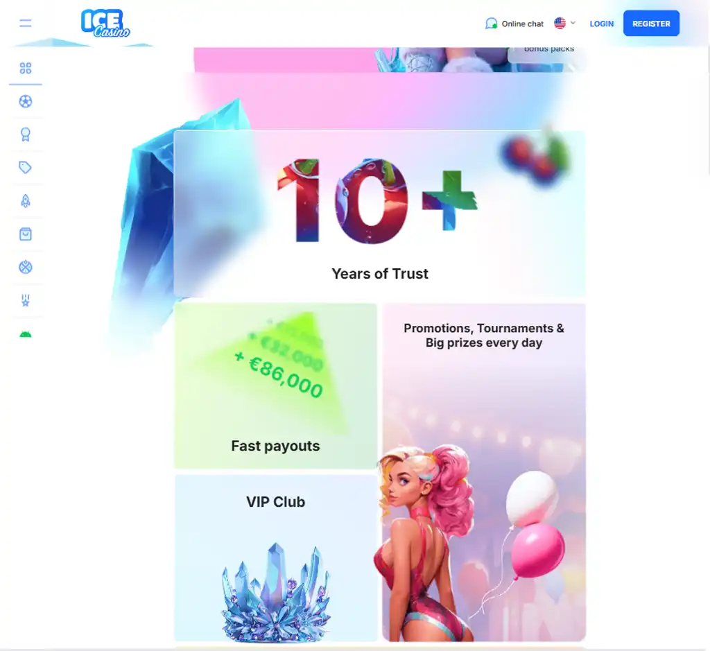 Ice Casino desktop homepage screenshot displaying main lobby with featured games, promotions and navigation menu   tested