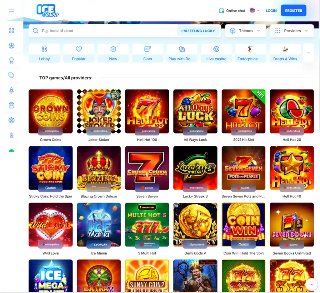 Ice Casino desktop slots lobby screenshot presenting variety of slot games with categories and providers   verified