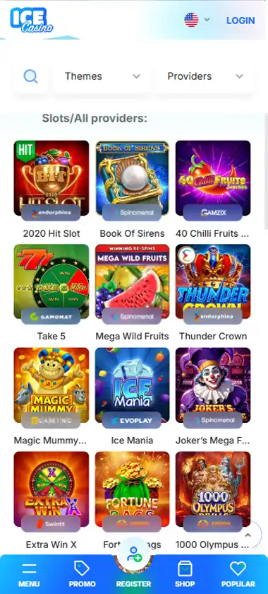 Ice Casino mobile slots interface screenshot showing slot game selection with popular titles and filtering options   captured during platform testing