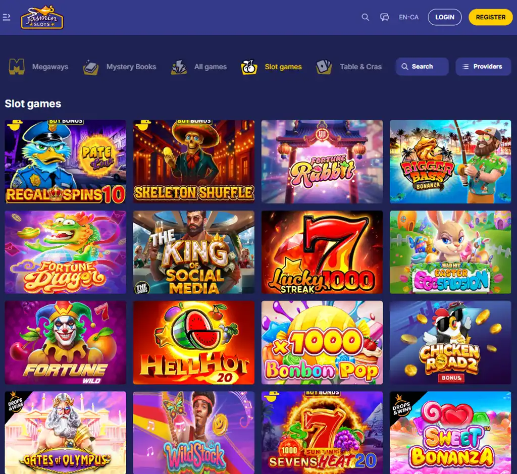 Jasmin Slots desktop slots lobby screenshot presenting variety of slot games with categories and providers   verified