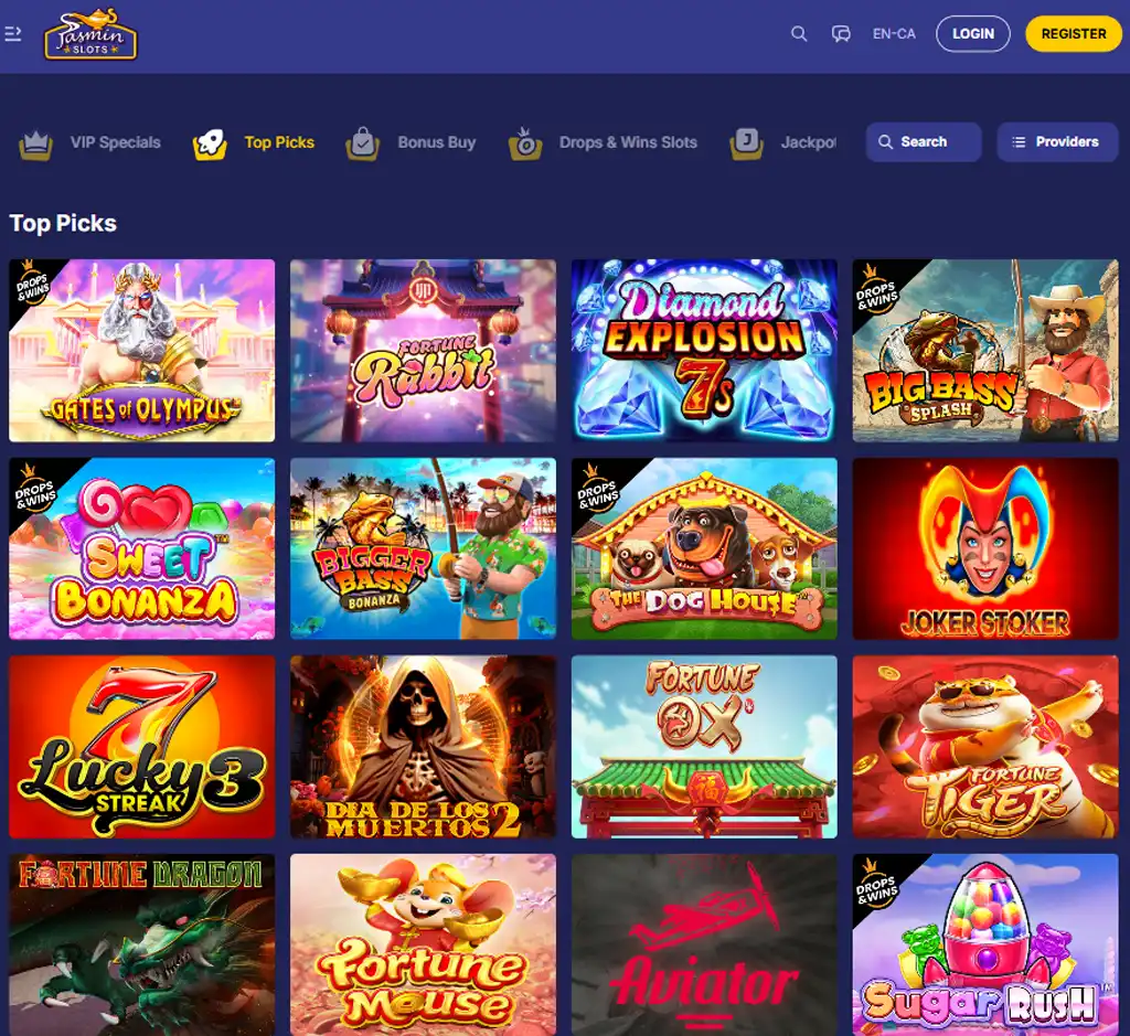 Jasmin Slots desktop slots lobby screenshot presenting variety of slot games with categories and providers   verified