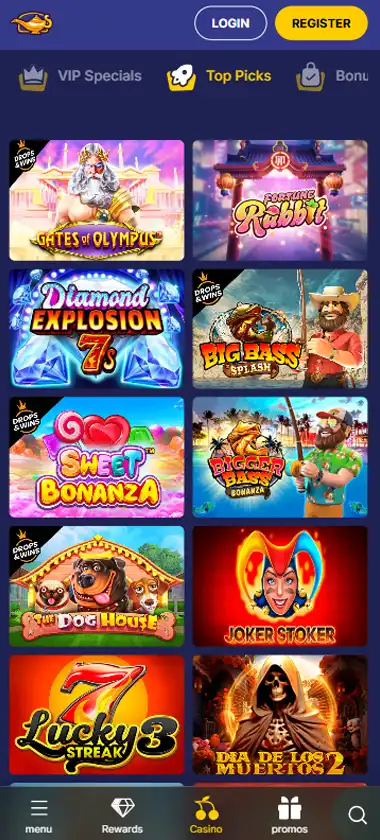 Jasmin Slots mobile top picks interface screenshot showing slot game selection with popular titles and filtering options   captured during platform testing