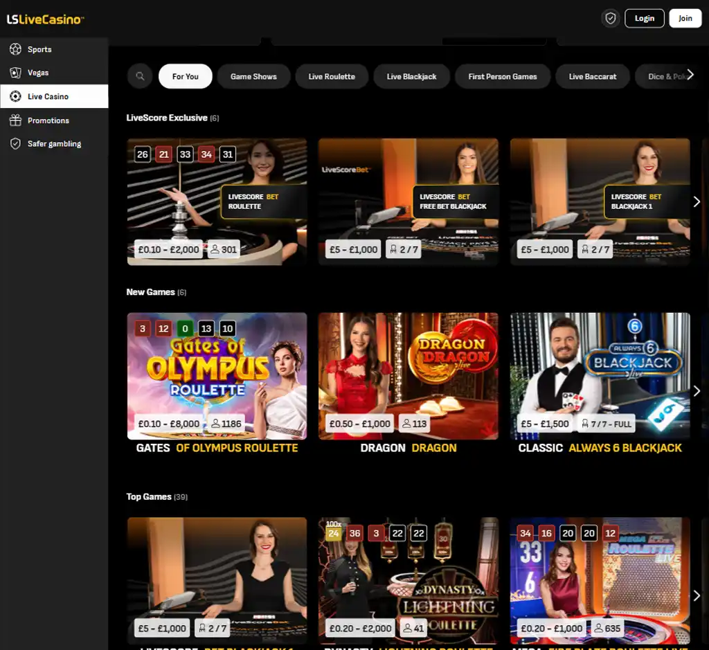 Live Score Bet Casino desktop live casino lobby screenshot featuring live dealer games and real time streaming interface   review testing