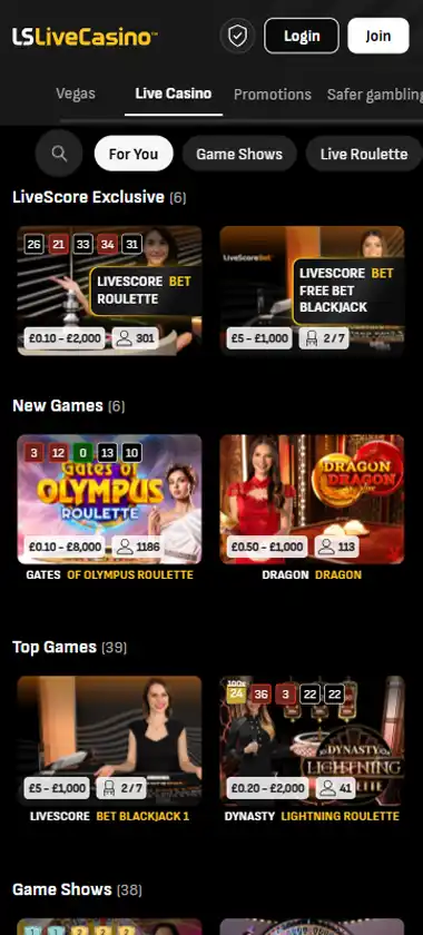 Live Score Bet Casino mobile live casino interface screenshot showing live dealer tables including blackjack and roulette   tested