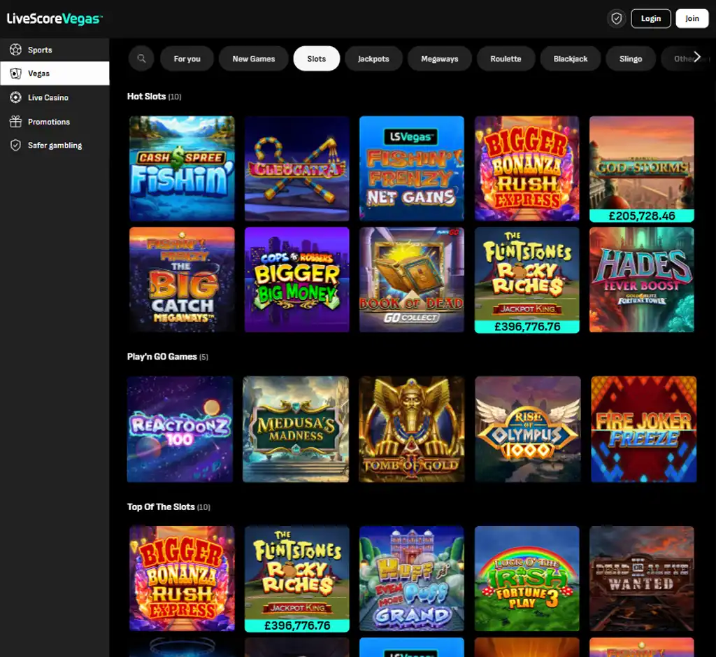 Live Score Bet Casino desktop slots lobby screenshot presenting variety of slot games with categories and providers   verified