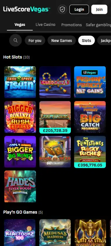 Live Score Bet Casino mobile slots interface screenshot showing slot game selection with popular titles and filtering options   captured during platform testing