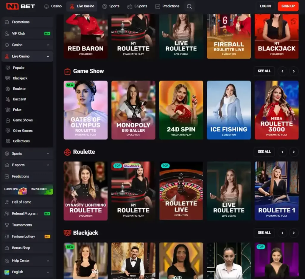 N1 Bet Casino desktop live casino lobby screenshot featuring live dealer games and real-time streaming interface - tested