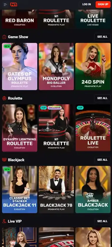 N1 Bet Casino mobile live casino interface screenshot showing live dealer tables including blackjack and roulette - tested
