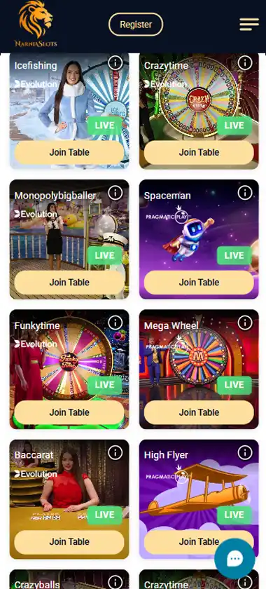 Narnia Slots Casino mobile live casino interface screenshot showing live dealer tables including blackjack and roulette - Tested